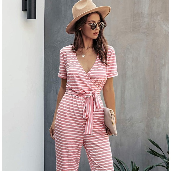 Pants - Striped Wide Leg Jumpsuit Romper with Pockets